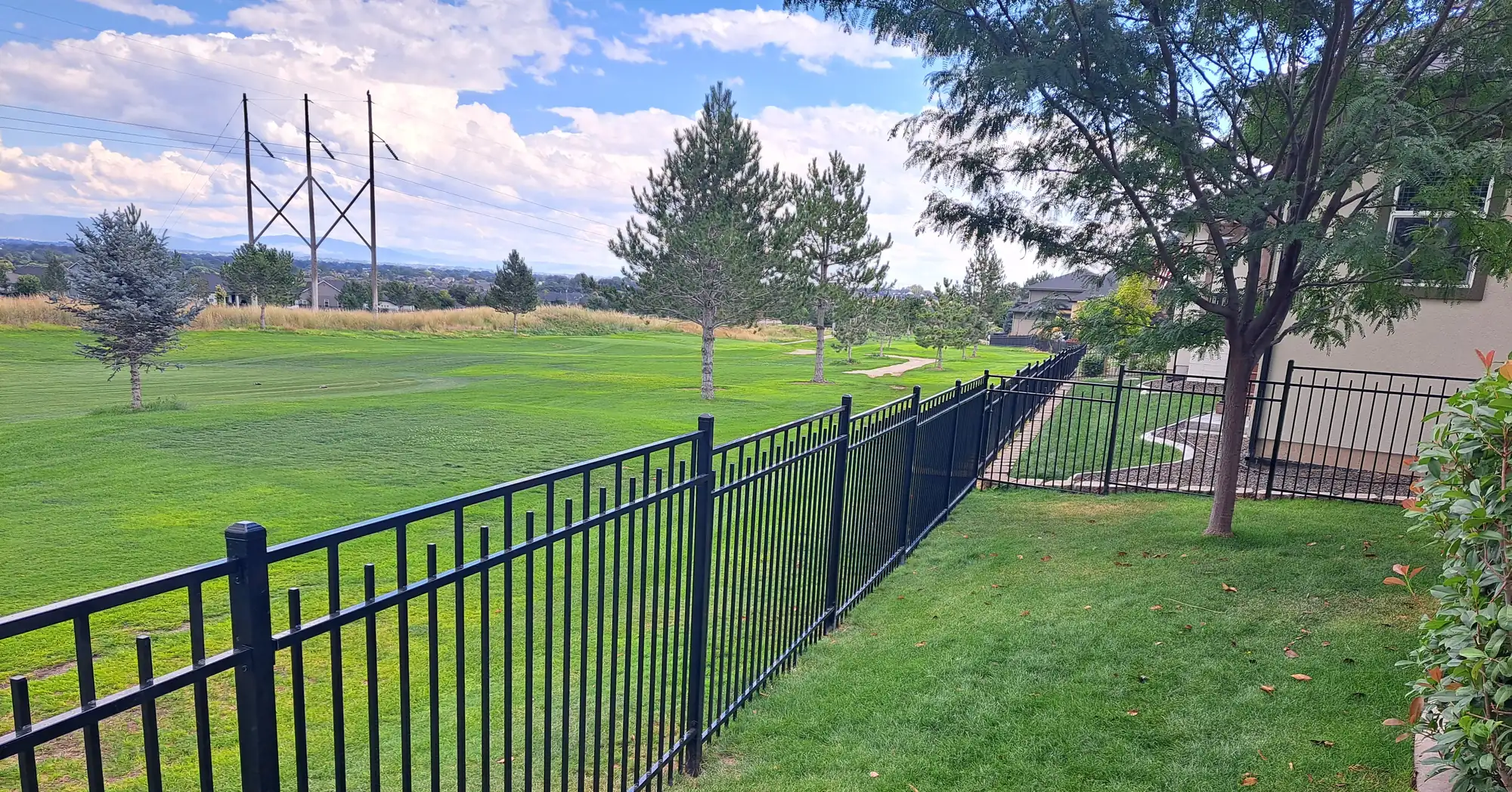 Staggered vista wrought iron fence running along a Boise, Idaho property with the foothills behind it